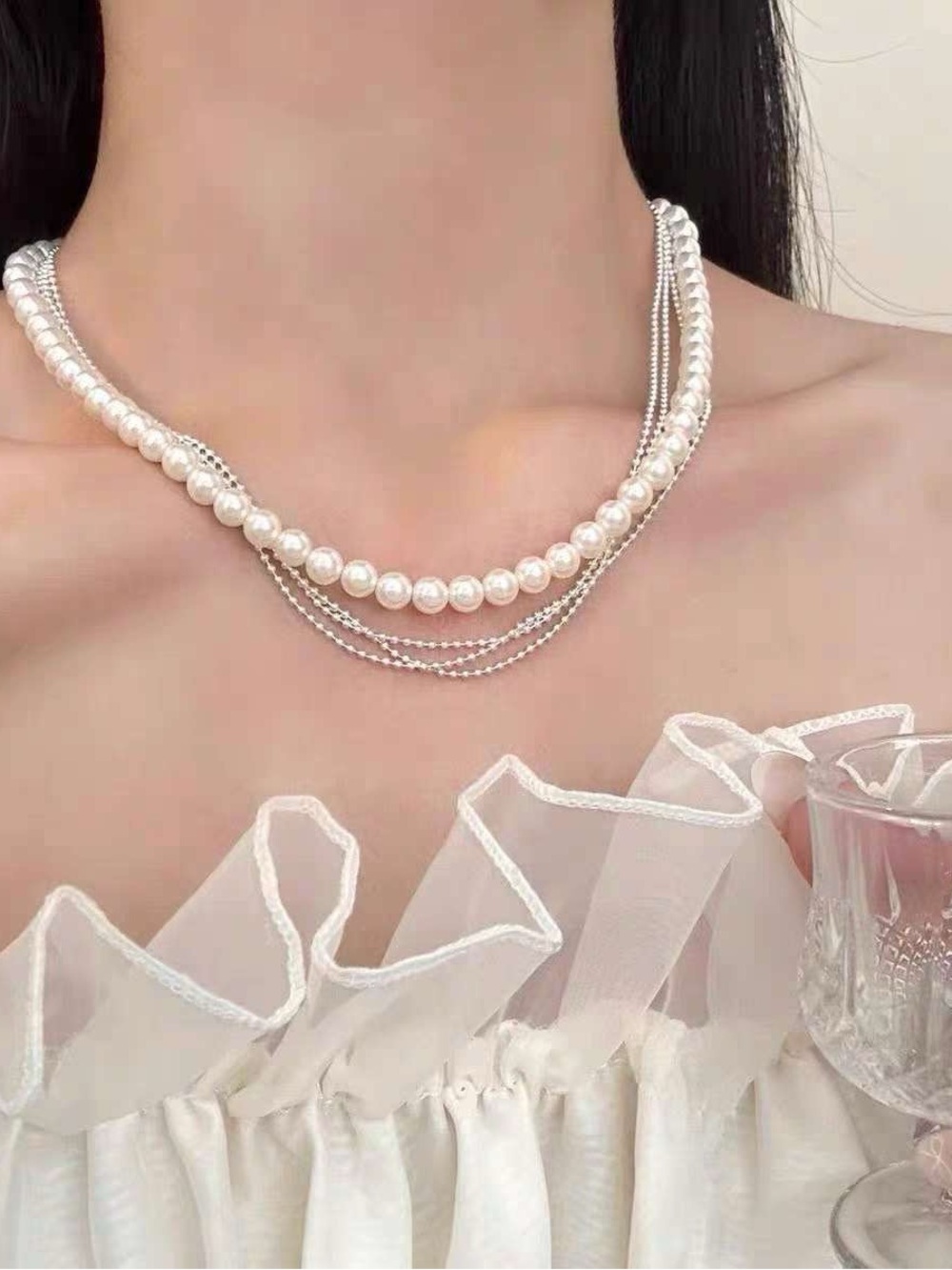 Elegant White Pearl & Silver Multi-Strand Necklace - Women Jewelry